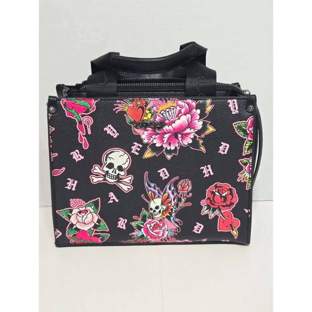 Ed Hardy Vintage Tattoo Print Satchel Bag | Black Rose Skull Y2K Handbag | EUC